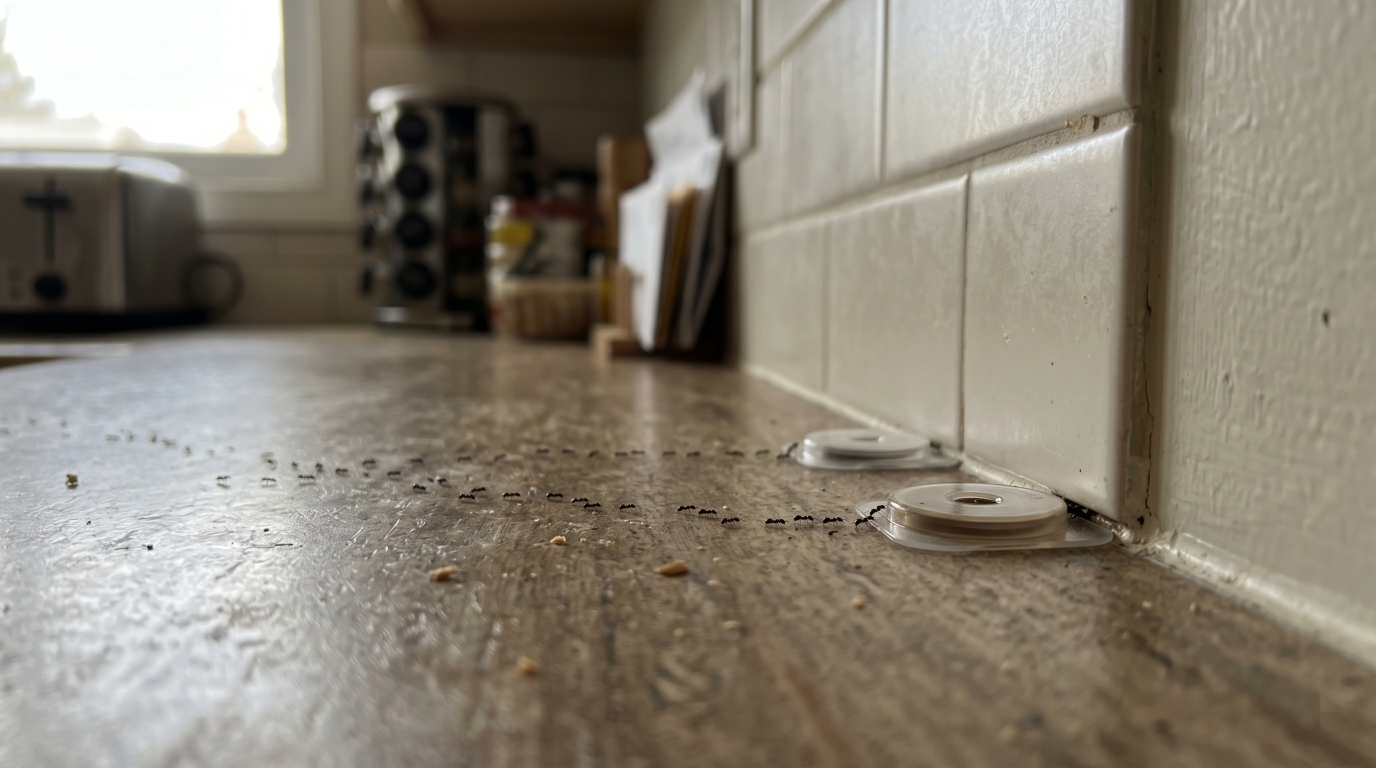 Two small disc-shaped liquid ant bait stations set against the baseboard on a kitchen floor, with a faint trail of ants leading toward them