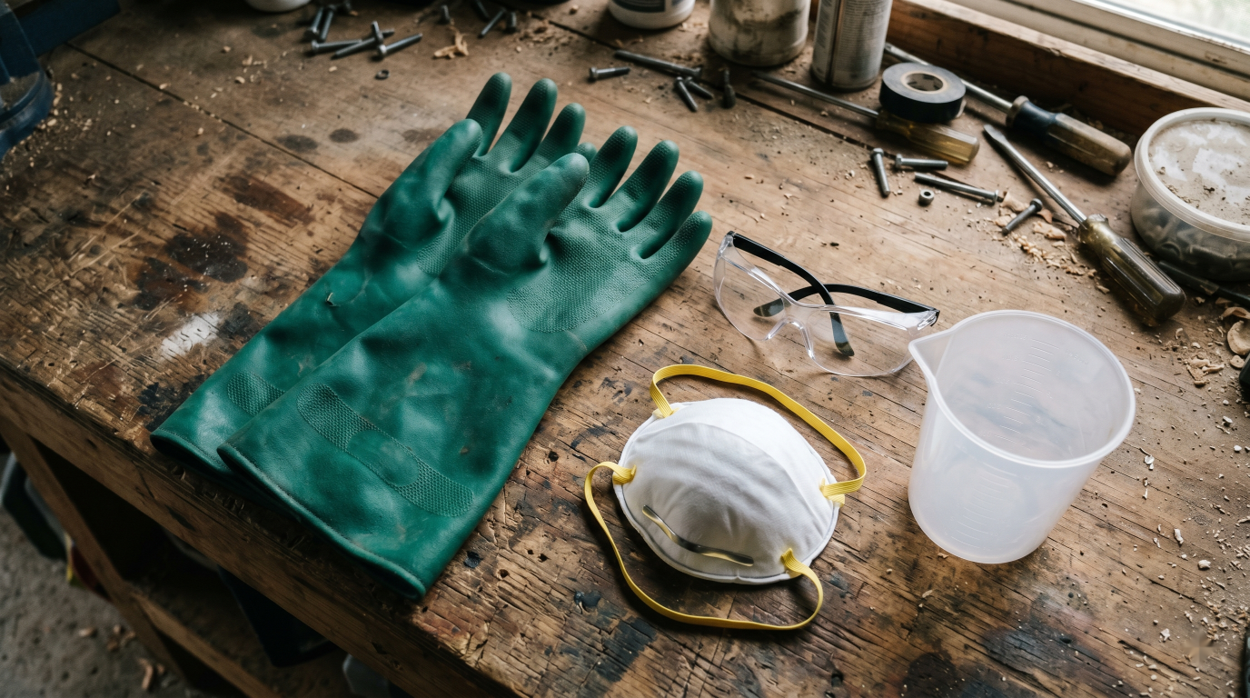Personal protective equipment for spraying yard pesticide laid out on a workbench: thick green chemical-resistant gloves, clear safety glasses, an N95 mask, and a measuring cup