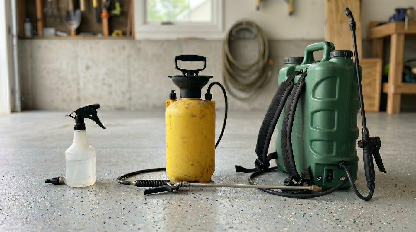 Three garden sprayers lined up on a garage floor: a small bottle sprayer, a handheld pump sprayer, and a backpack sprayer