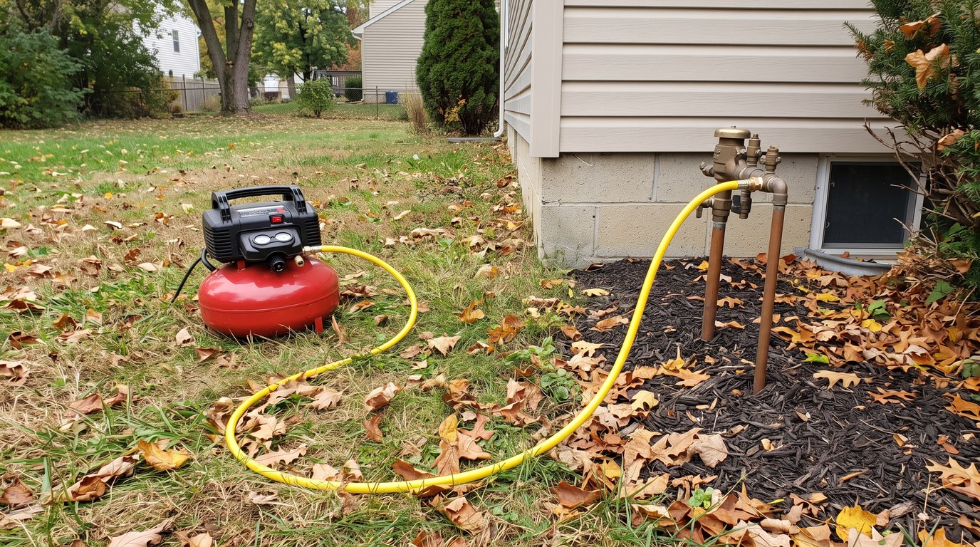 A portable air compressor on the lawn with its air hose connected to the blowout port beside a sprinkler backflow preventer
