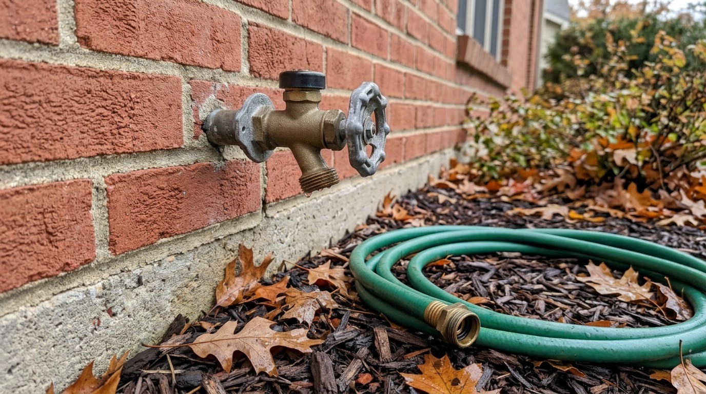 A frost-free outdoor faucet coming through the wall of a house with the garden hose disconnected and coiled on the ground below