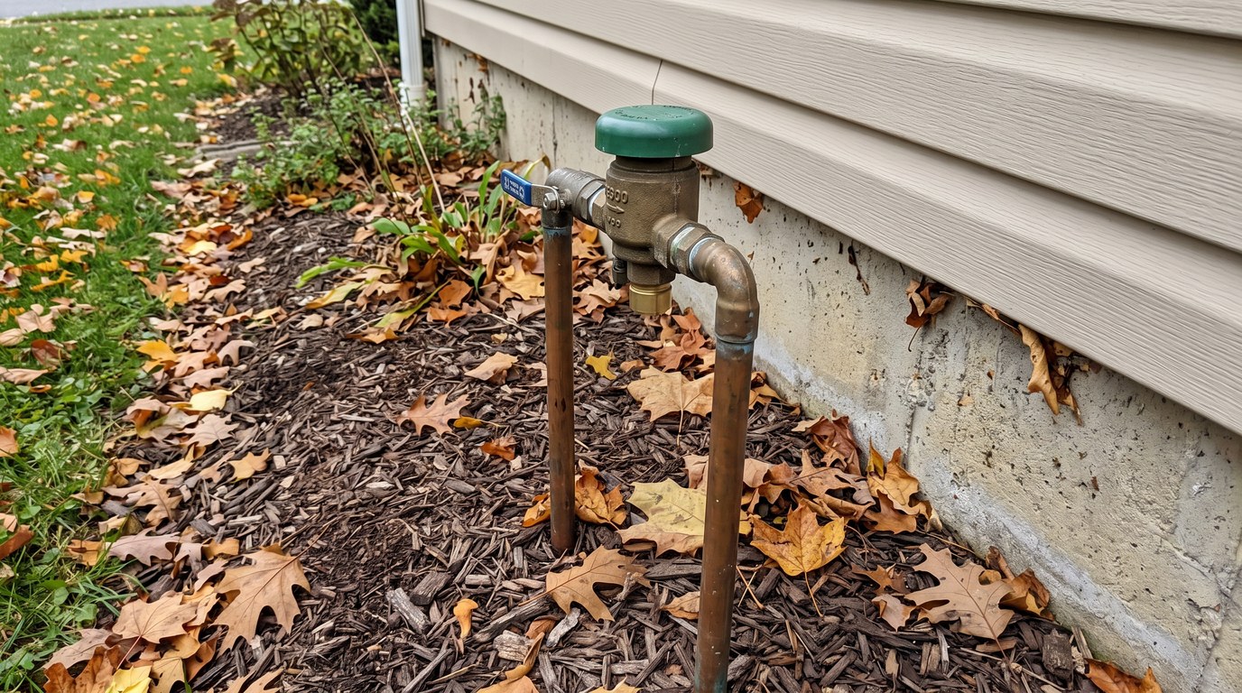A brass sprinkler backflow preventer with a green cap on two copper risers beside a house foundation, fallen maple and oak leaves in the mulch bed around it