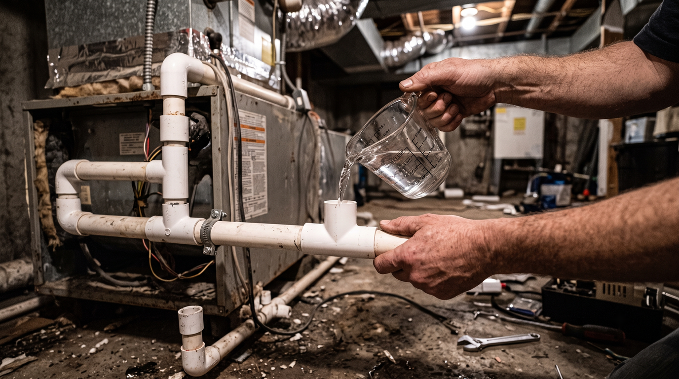 Hands pouring distilled vinegar from a measuring cup into the white PVC condensate drain line of a basement air handler