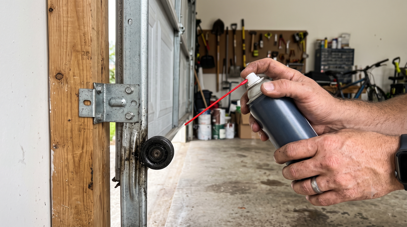 Hands spraying lubricant onto the roller and track of a residential garage door from inside the garage