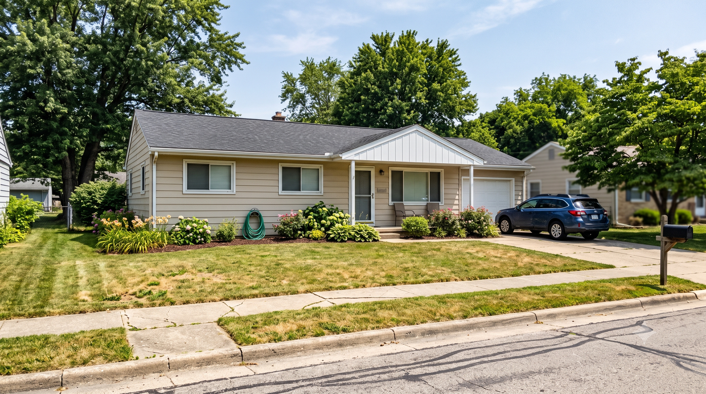 A tidy suburban home under bright midday July sun with a slightly sun-faded lawn and heat haze in the air