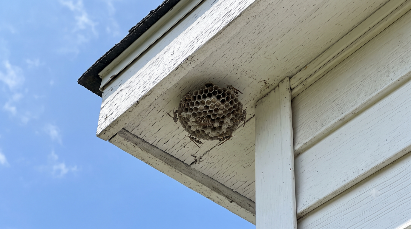 A small gray paper wasp nest tucked under the corner of a house eave, photographed from below at a safe distance