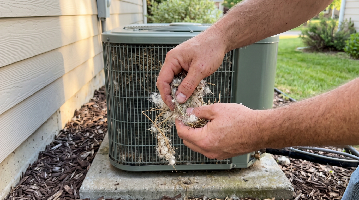 Hands clearing matted cottonwood fluff and grass clippings off the fins of an outdoor AC condenser unit