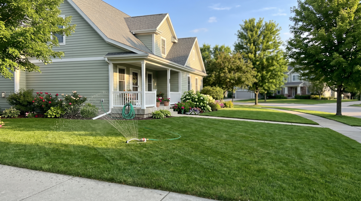 A tidy suburban home on an early-summer morning with a sprinkler running over a deep green lawn