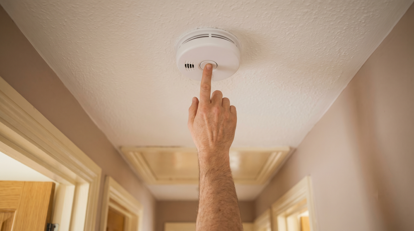 A hand pressing the test button on a round white smoke detector mounted on a hallway ceiling