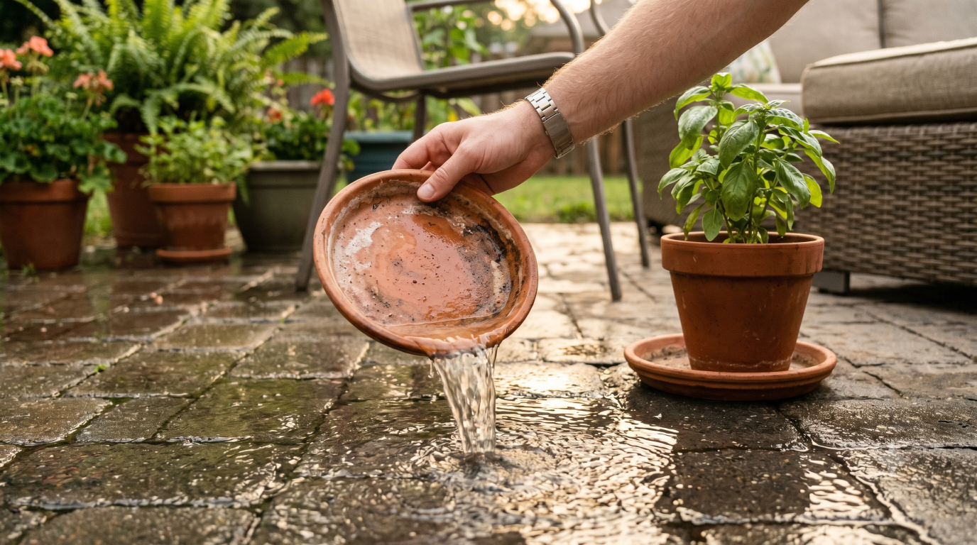 A hand tipping rainwater out of a terracotta plant saucer on a backyard patio