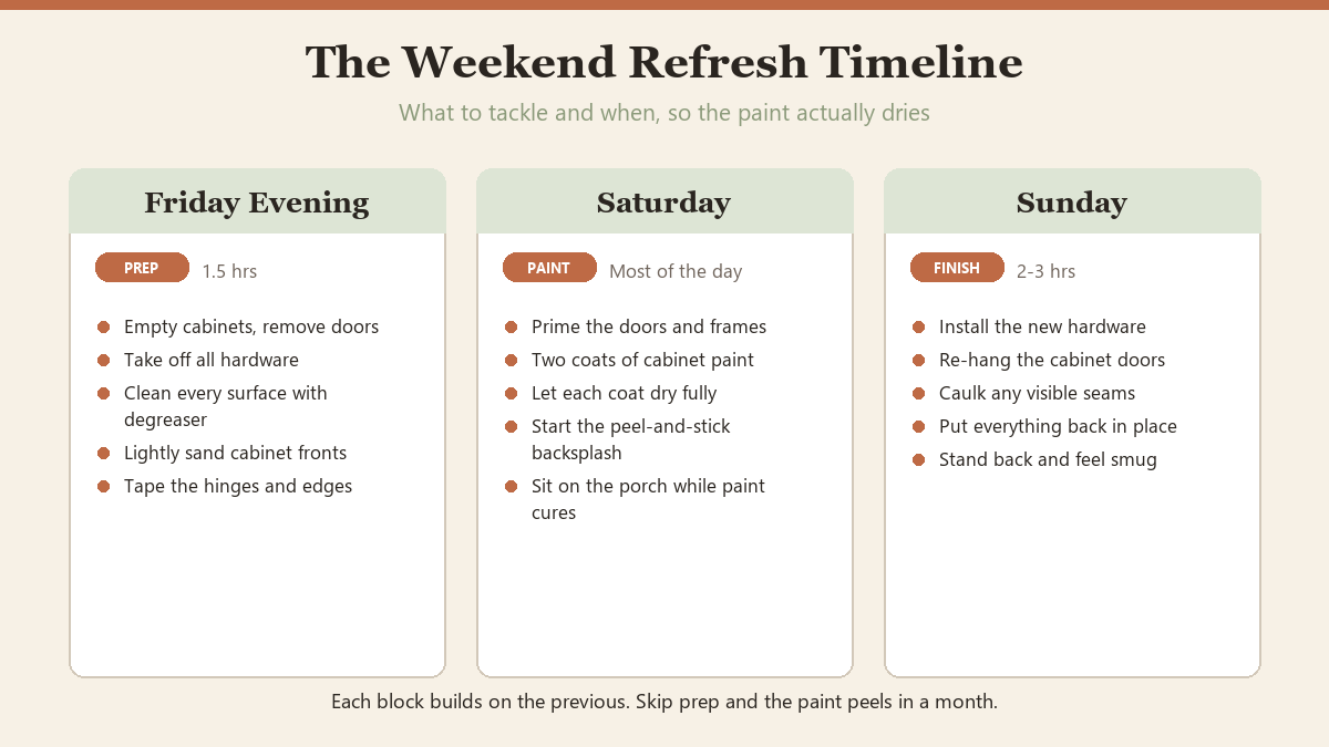 Three-column timeline diagram showing what to tackle Friday evening (prep), Saturday (paint), and Sunday (finish) for a weekend kitchen refresh