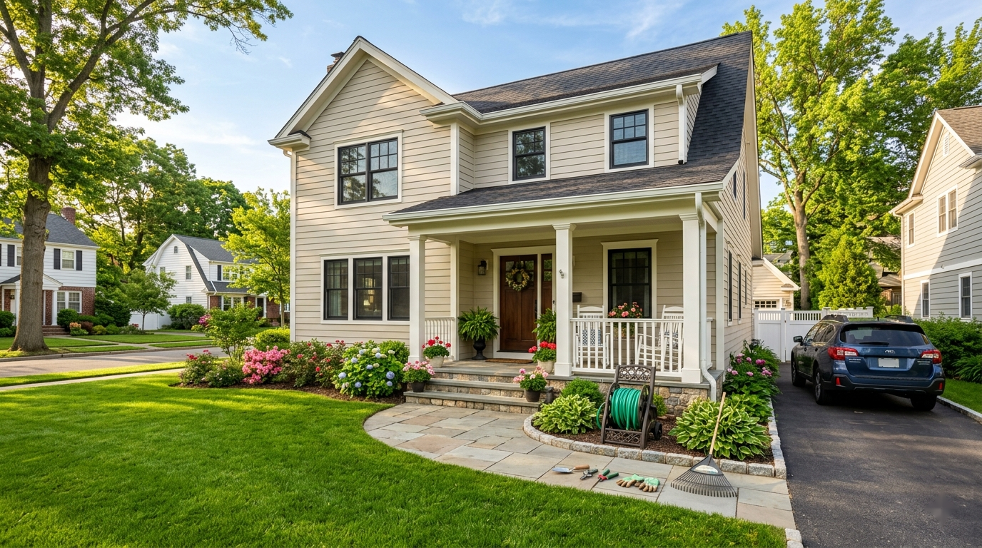 A well-maintained suburban home exterior on a bright late-spring morning with a lush green lawn