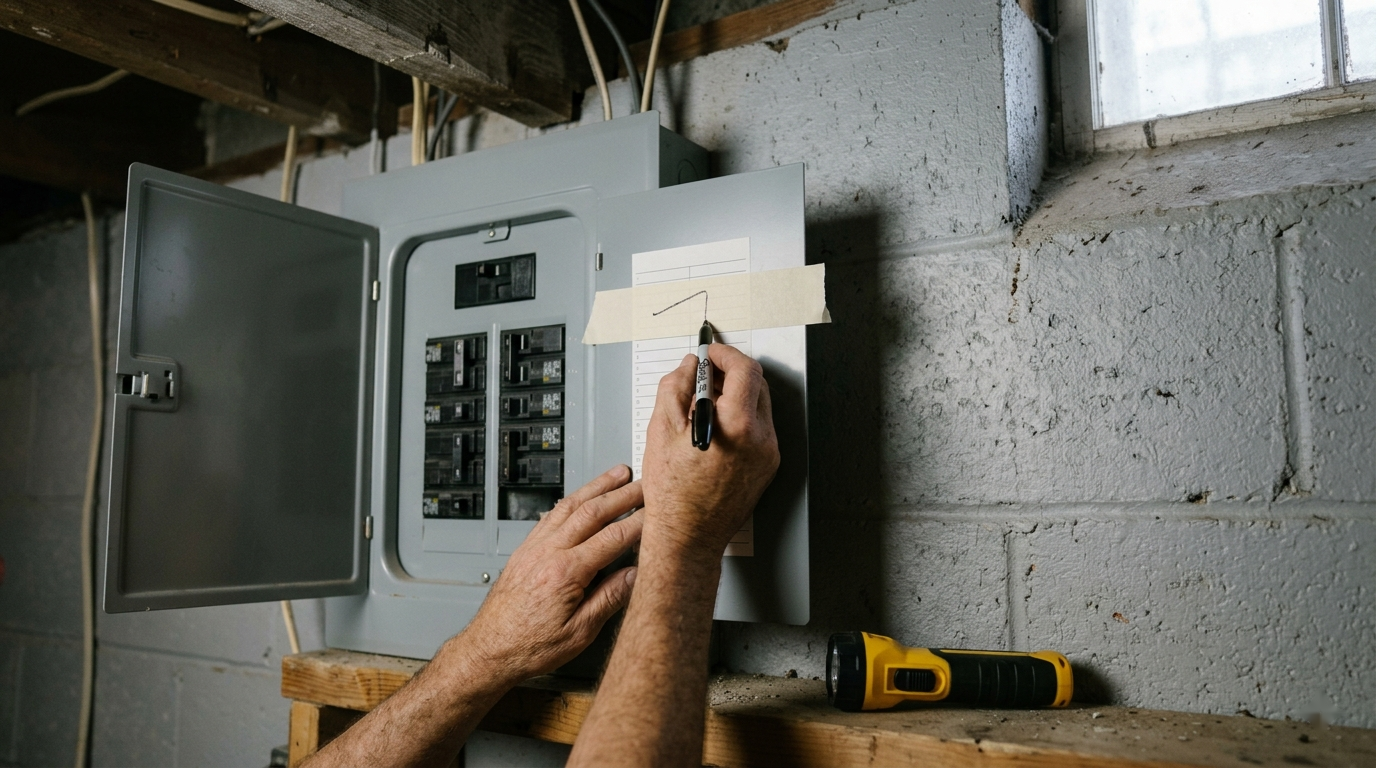 Close-up of hands labeling a gray US residential breaker panel with a strip of masking tape, mounted on an unfinished basement wall, flashlight on a plank shelf below