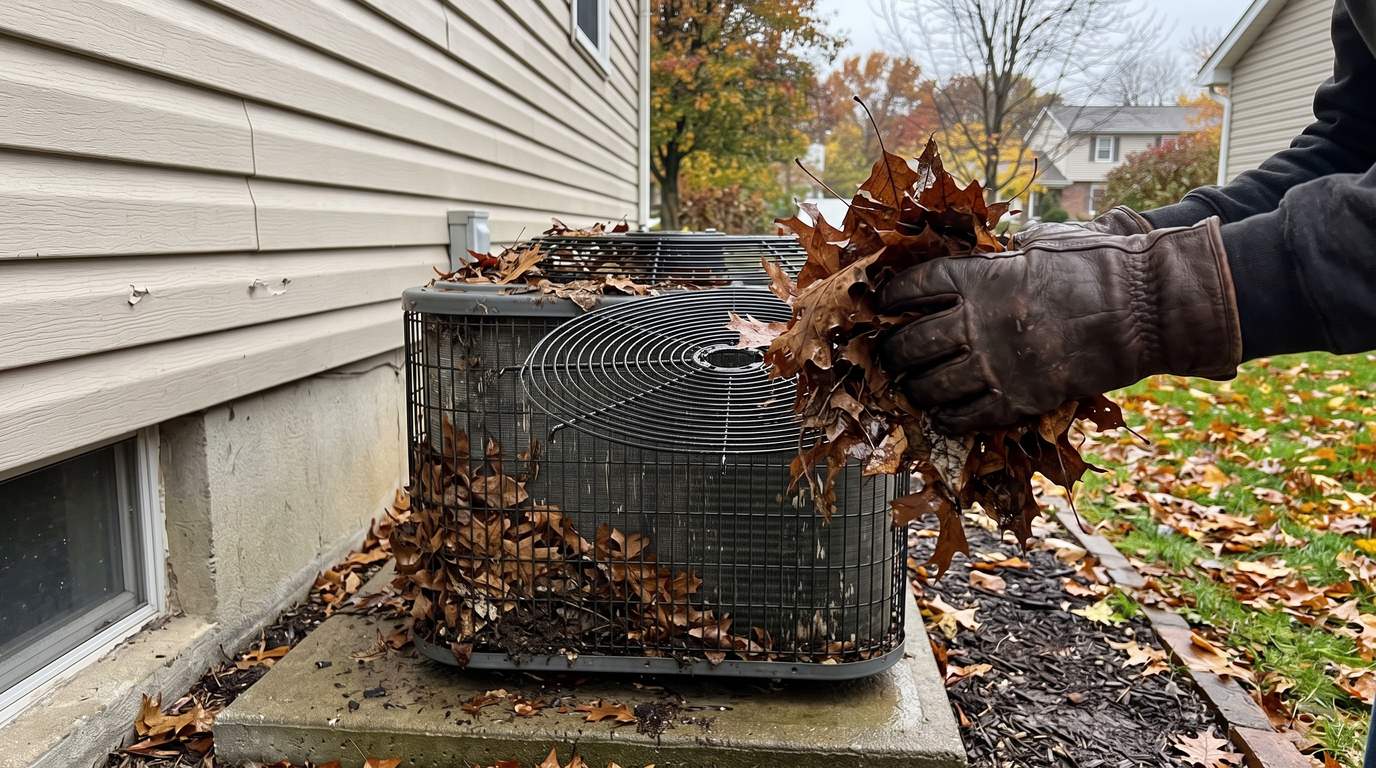 Gloved hands pulling wet fallen leaves off the top grille of an outdoor heat pump unit beside a house with vinyl siding