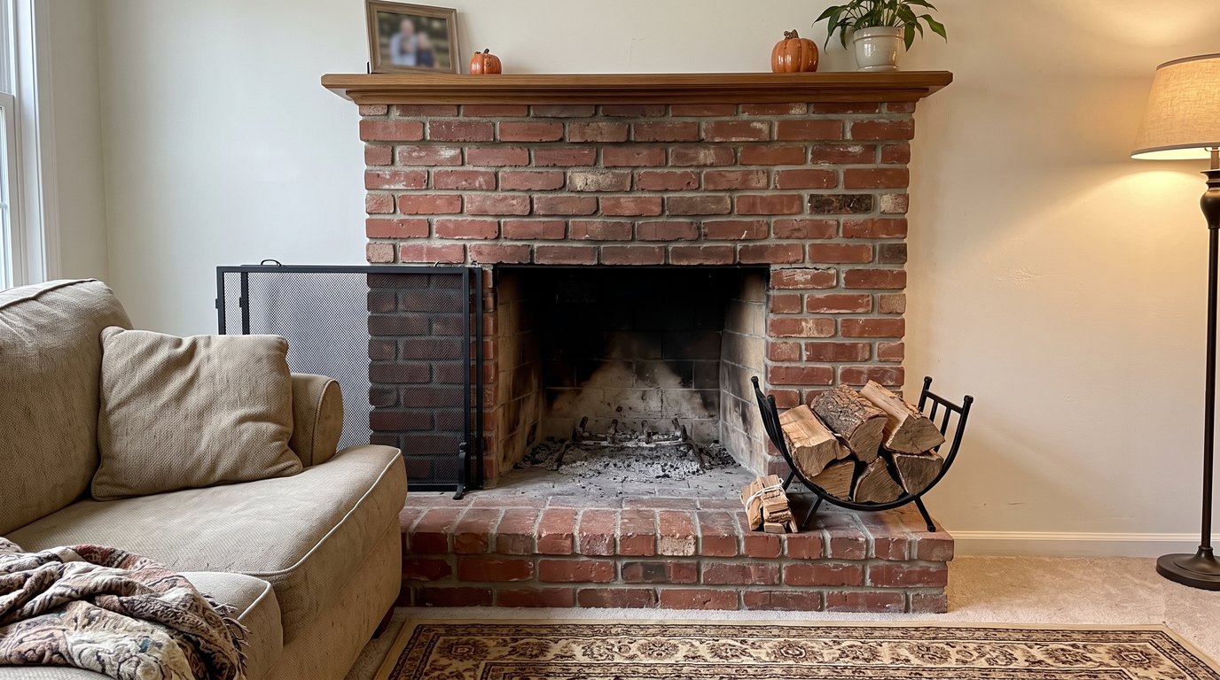 A red brick fireplace in a family room with the mesh screen pulled aside, old ash on the grate and a rack of split firewood on the hearth