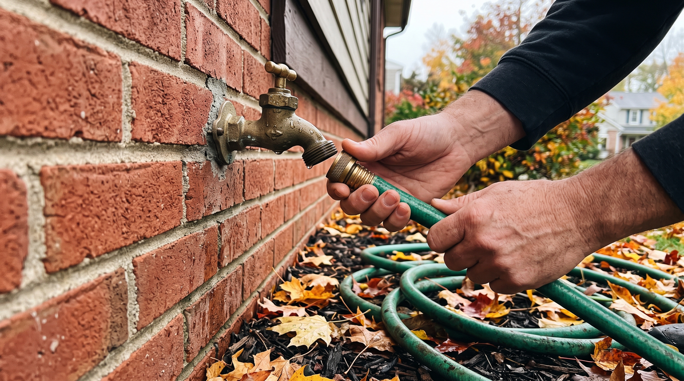 Hands unscrewing a green garden hose from an outdoor faucet on a brick wall, fallen maple leaves on the mulch below