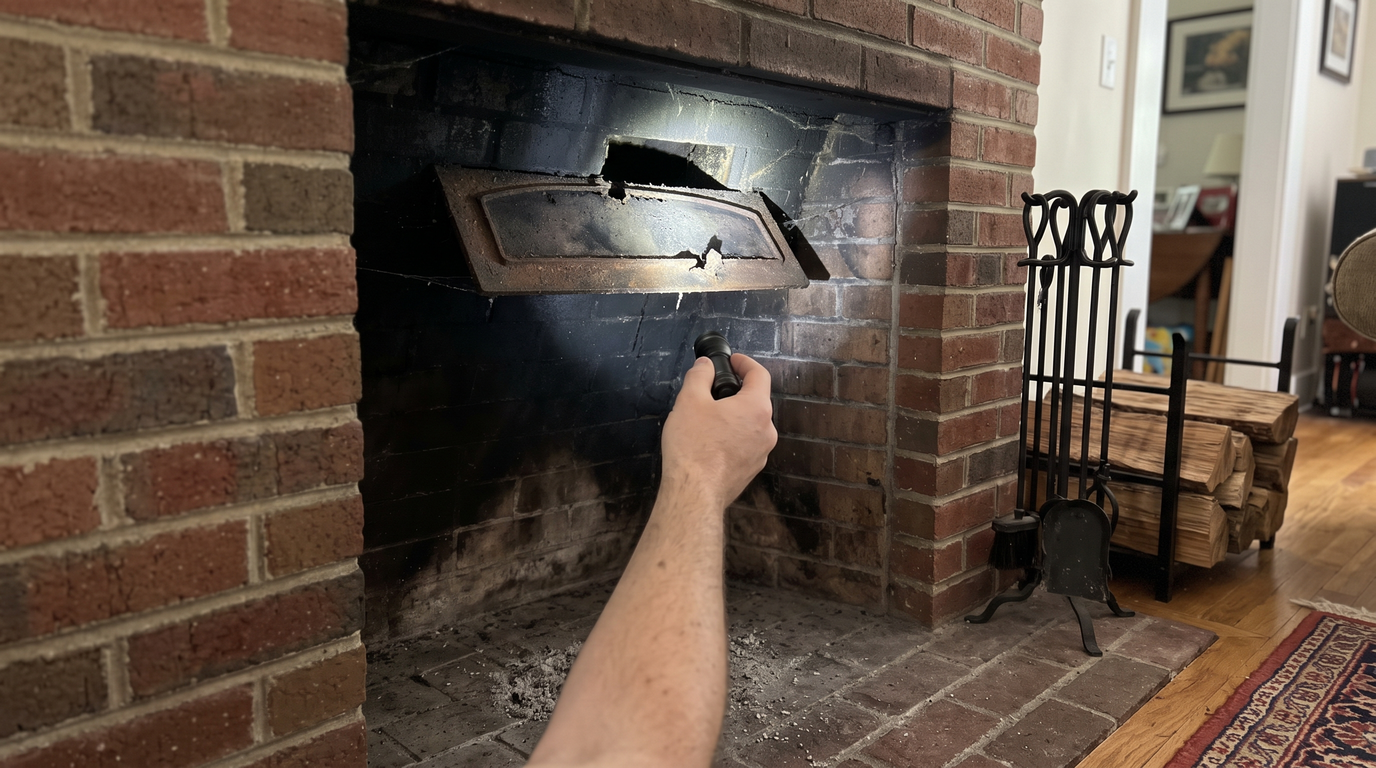 A hand holding a flashlight up inside a brick fireplace to check the open damper, fireplace tools and a stack of split firewood beside the hearth