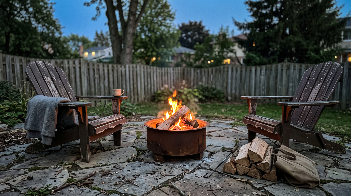 A small portable fire pit burning cleanly on patio pavers at dusk with two empty chairs beside it