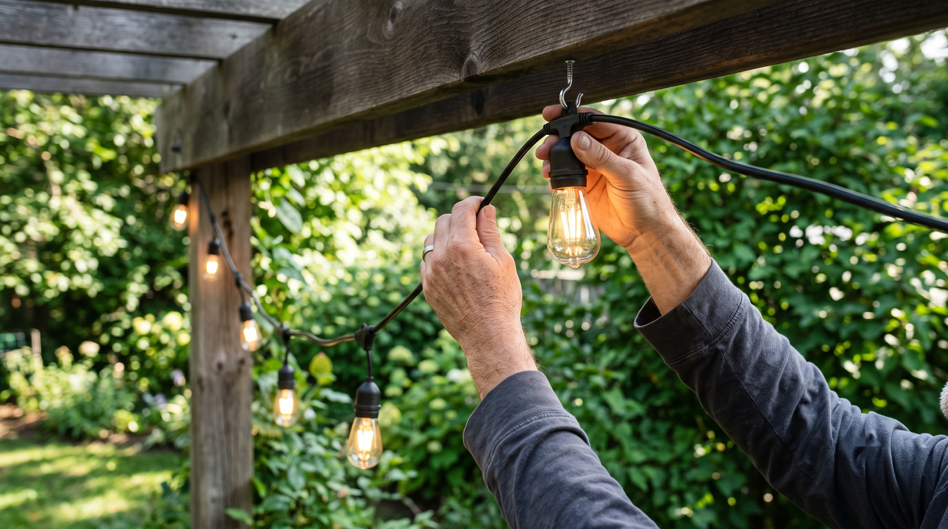 Hands clipping a strand of cafe string lights onto a hook under a wooden pergola beam