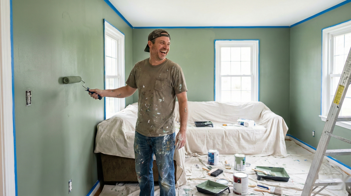 Man laughing while rolling sage green paint onto a wall in a room prepped with blue painter's tape, drop cloths, and a ladder