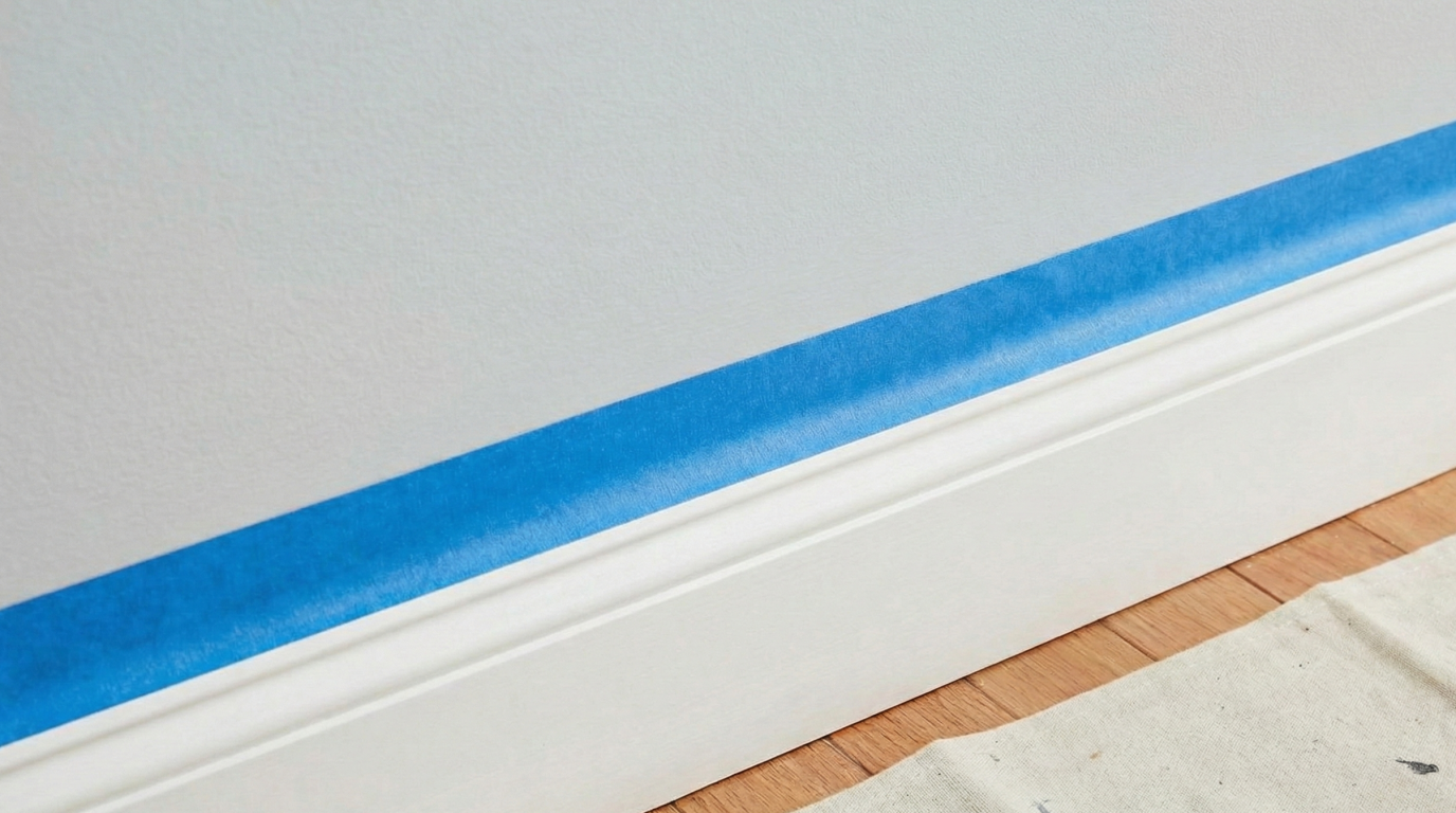 Blue painter's tape applied along white baseboard trim with a canvas drop cloth protecting hardwood floors — proper prep before painting a room