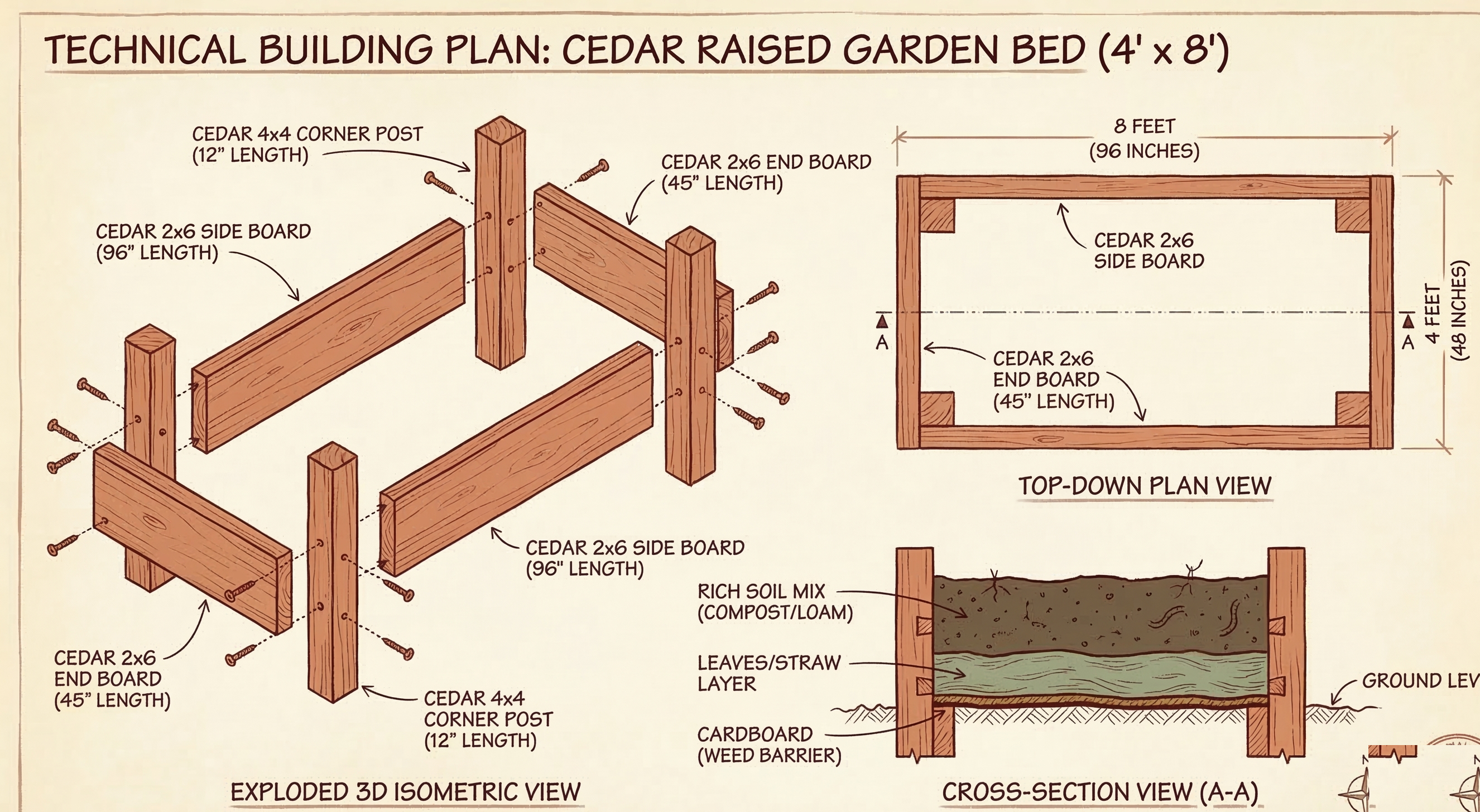 Technical building plan diagram for a 4x8 cedar raised garden bed showing an exploded 3D isometric view of how boards and corner posts fit together, a top-down plan view with dimensions, and a cross-section showing soil layers