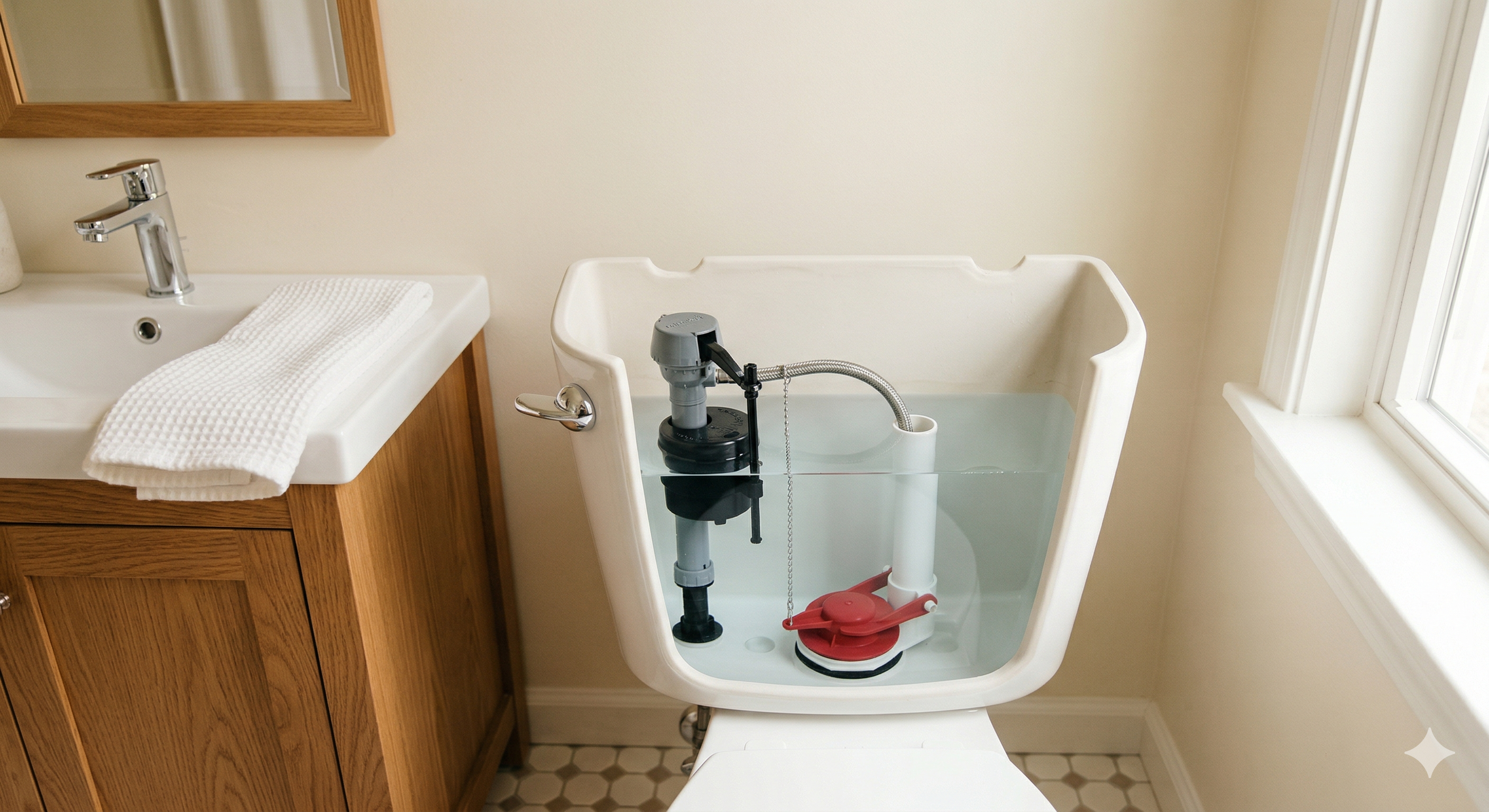 Inside of an open toilet tank showing flapper valve, fill valve, and float mechanism