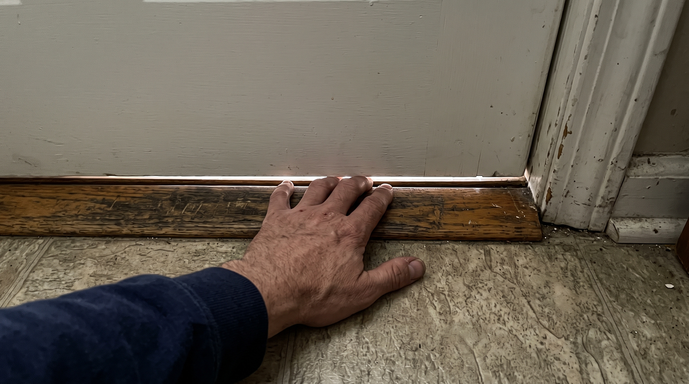 A hand checking the gap under an exterior door with daylight visible at the threshold before a new door sweep goes on