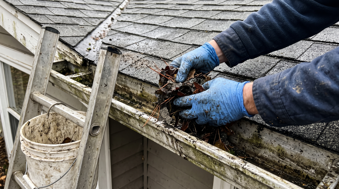 Gloved hands scooping a small clump of debris from a gutter at the top of a ladder, asphalt shingles visible