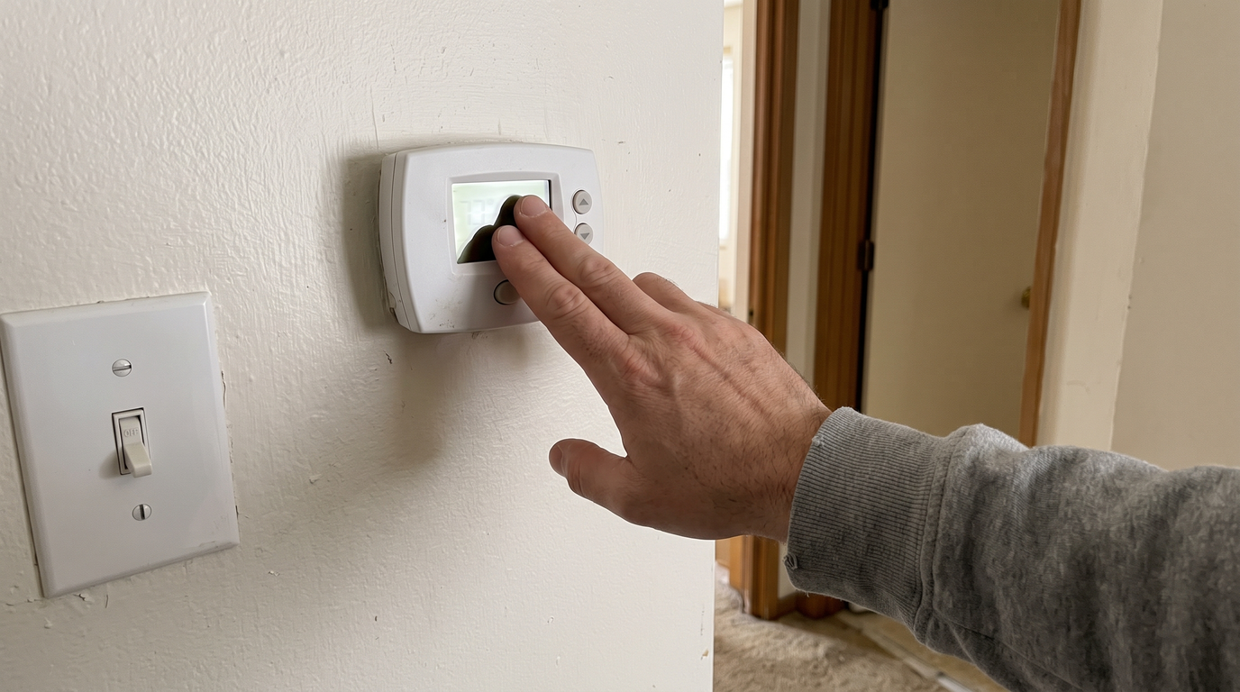 A hand pressing the button on a wall-mounted digital thermostat in a hallway, a light switch on the wall beside it
