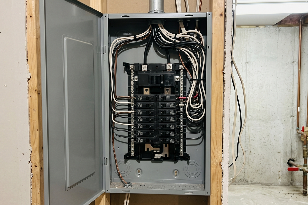 Open gray US residential electrical breaker panel mounted on a stud wall in an unfinished basement, two columns of breakers with the main breaker at the top — the single switch that cuts power to the whole house