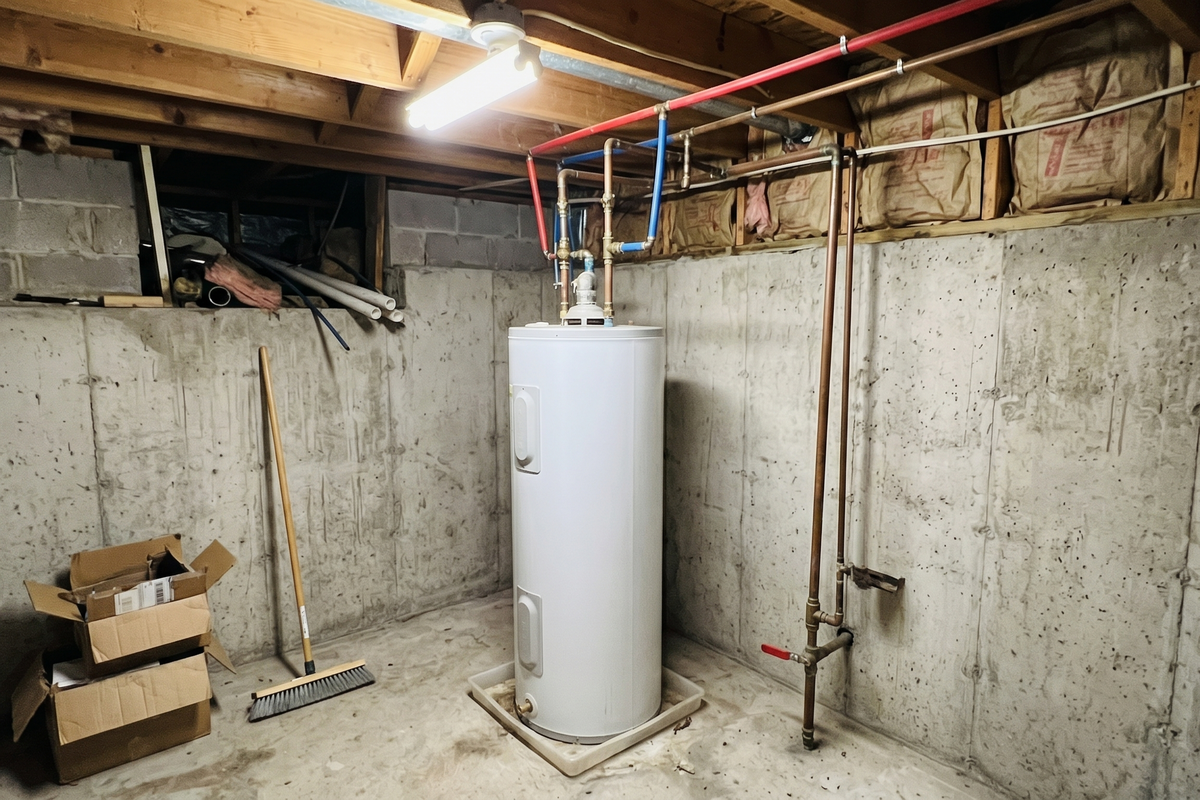 Tall white residential water heater tank standing on a concrete floor in an unfinished basement, exposed joists overhead and copper supply lines feeding the top of the tank