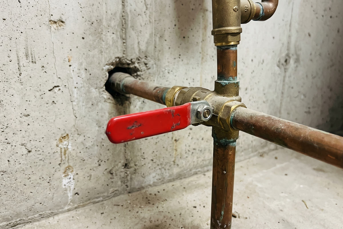 Close-up of a red-lever ball valve on a residential copper water main pipe in an unfinished basement, the kind of main water shutoff a new homeowner should locate on day one