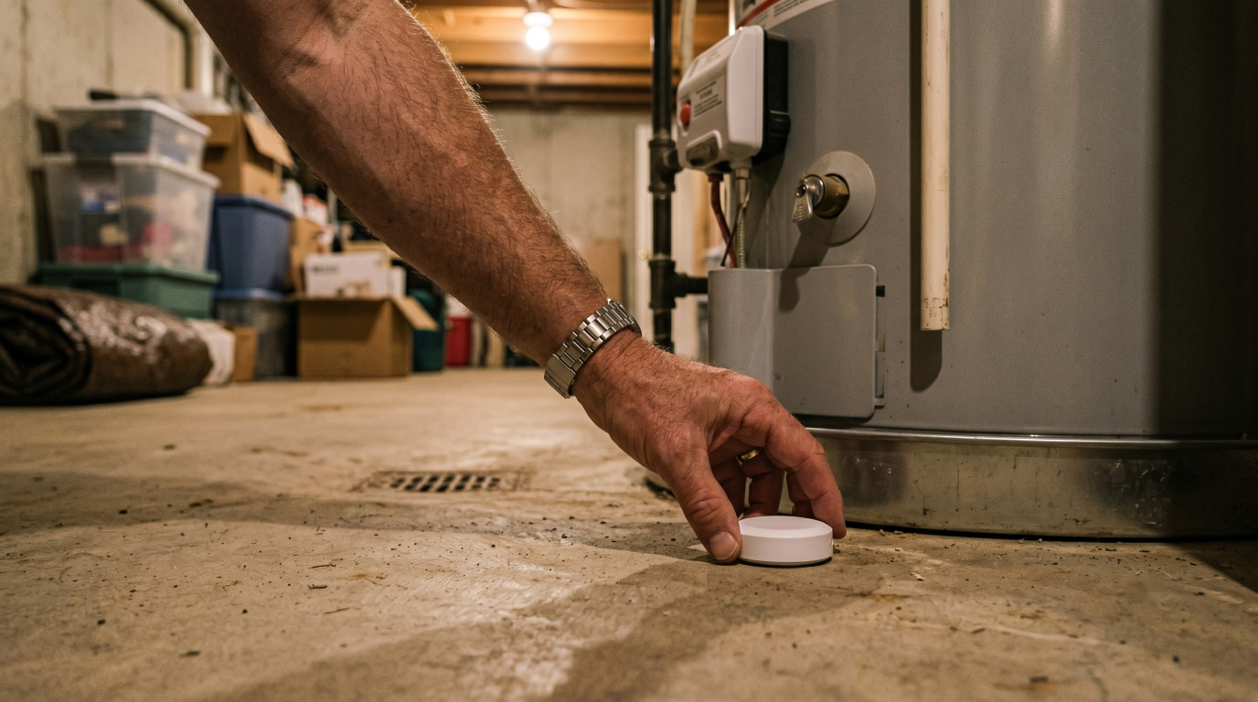 A hand placing a small white water leak sensor puck on the concrete floor beside a water heater in a basement