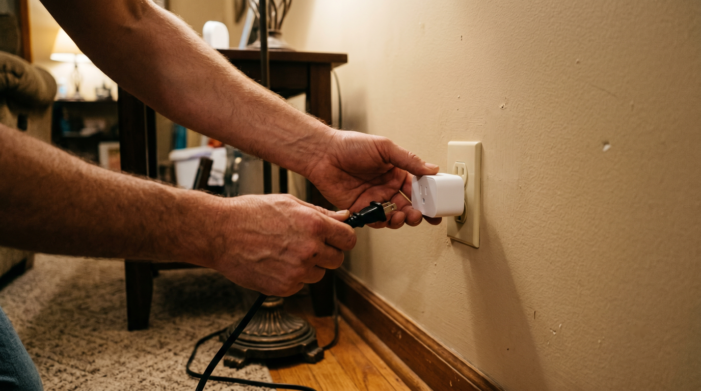 Hands plugging a compact white smart plug into a living room wall outlet with a lamp cord ready to connect