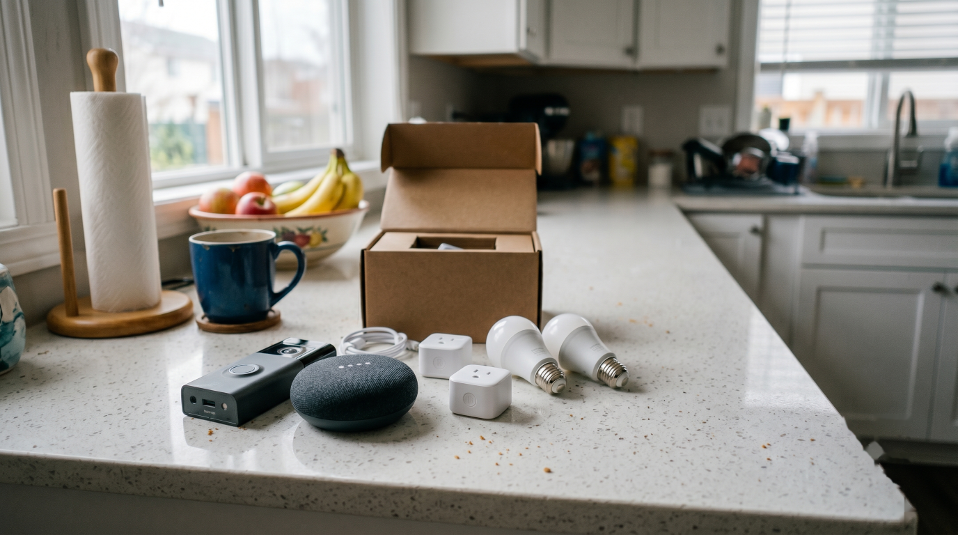A kitchen counter with a smart speaker, smart plugs, smart bulbs, and a video doorbell laid out mid-setup next to a coffee mug
