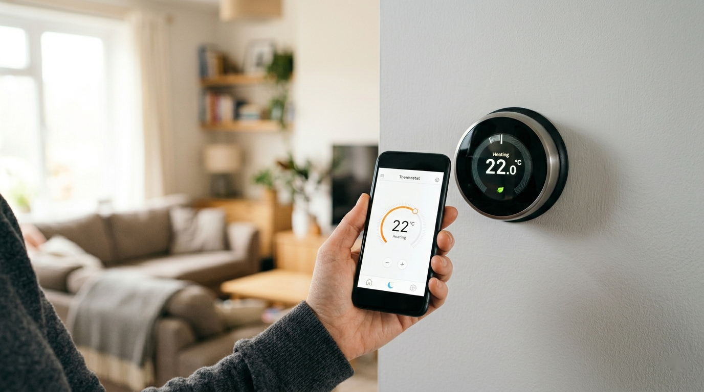 A smartphone showing a smart thermostat control app held in front of the newly installed thermostat on the wall