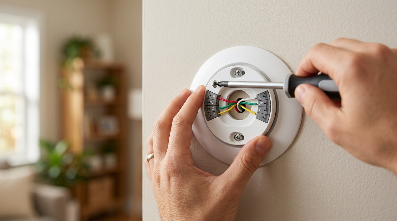 Hands screwing a new white smart thermostat base plate to the wall with the thermostat wires fed through the center opening