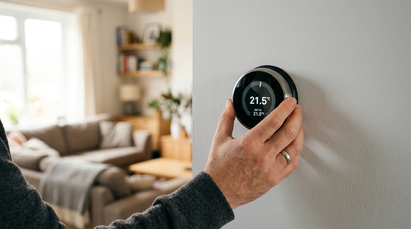A homeowner adjusting a sleek modern smart thermostat mounted on a light interior wall