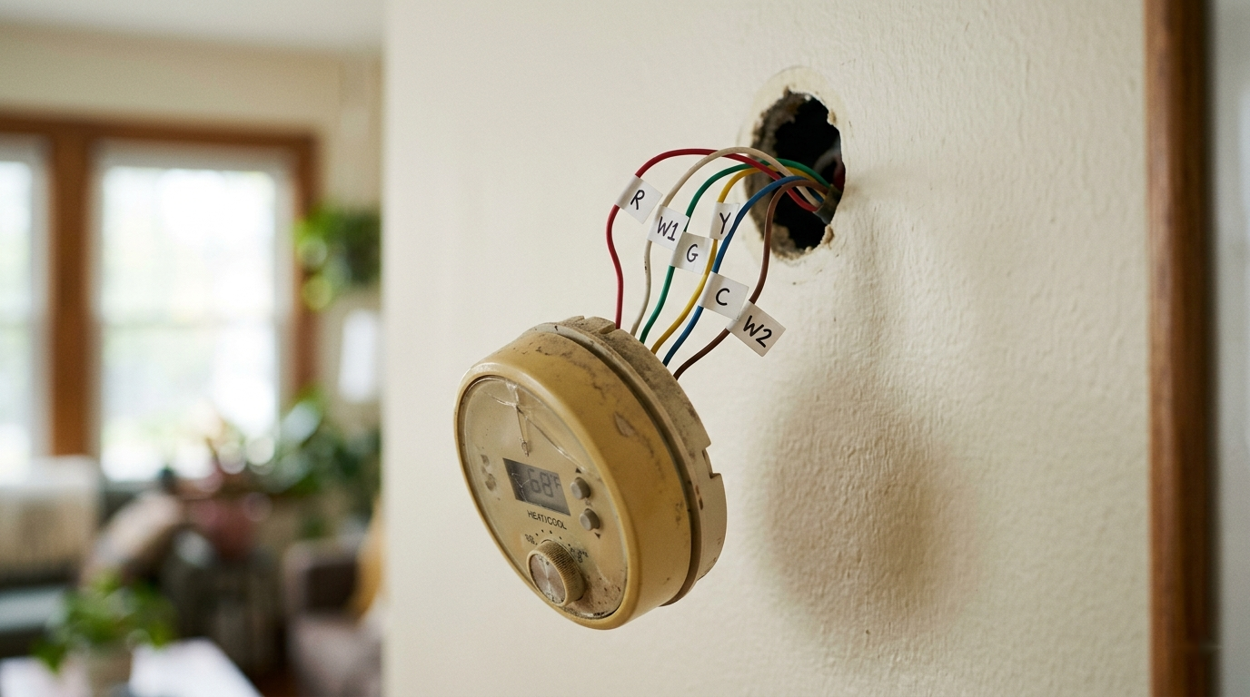 An old thermostat removed from the wall with each colored wire tagged with a small labeled sticker showing its terminal letter