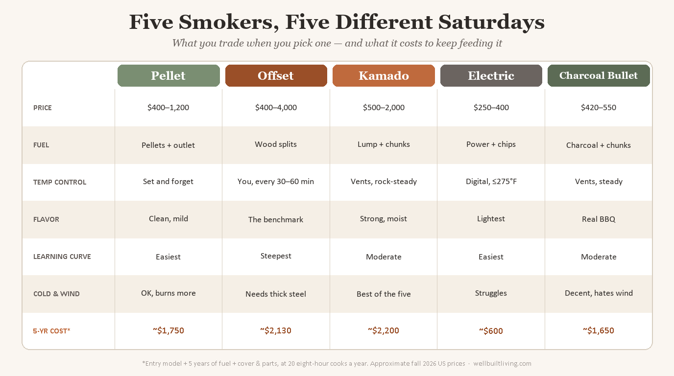 Comparison card of pellet, offset, kamado, electric, and charcoal bullet smokers showing typical price, fuel, temperature control, flavor, learning curve, weather tolerance, and estimated five-year cost