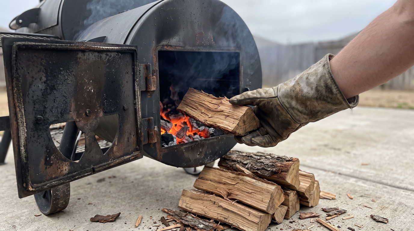 A gloved hand placing a split of oak into the open firebox of a steel offset smoker, orange coals glowing inside