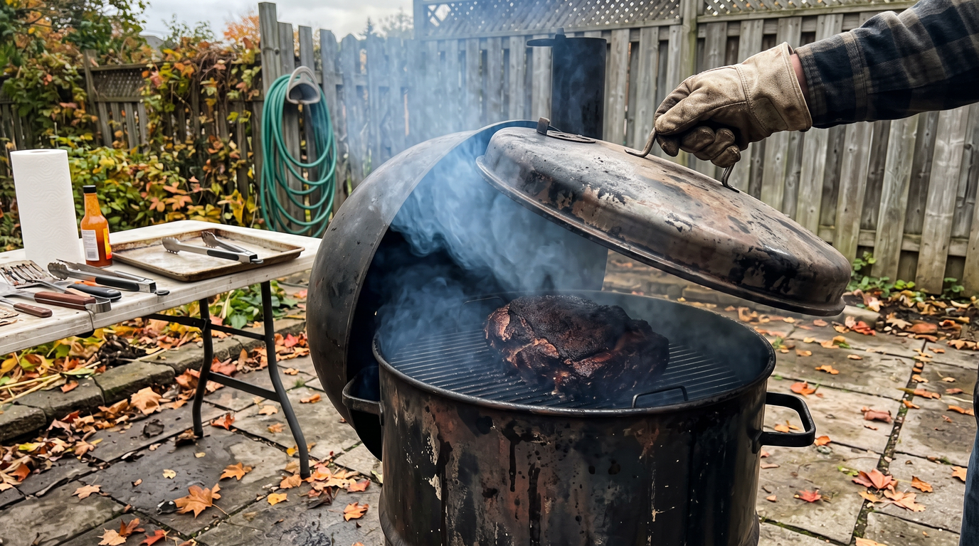 A hand lifting the lid of a black barrel smoker on a backyard patio in fall, smoke rolling off a pork shoulder on the grate