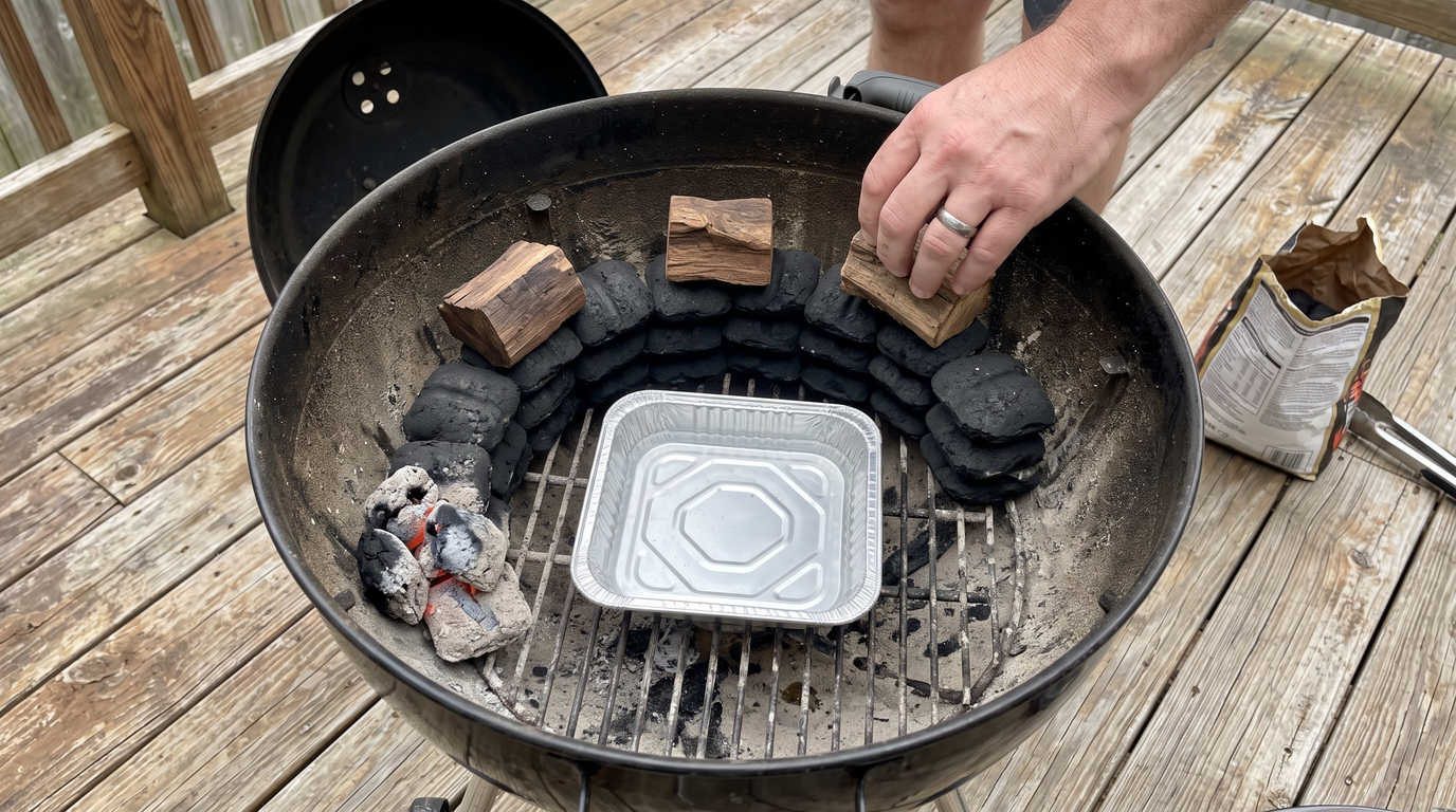Looking down into a kettle grill set up for smoking, with a curved line of charcoal briquettes and wood chunks around one side of the bowl and a water pan in the middle
