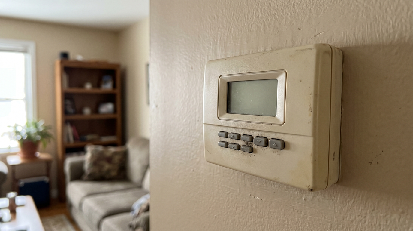 Close-up of a basic rectangular button-style programmable thermostat mounted on a beige living-room wall, with small unlabeled buttons and a plain digital display