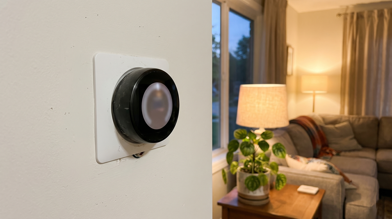 A sleek modern smart thermostat mounted on a living-room wall with a softly glowing display, a cozy out-of-focus sofa and lamp in the background