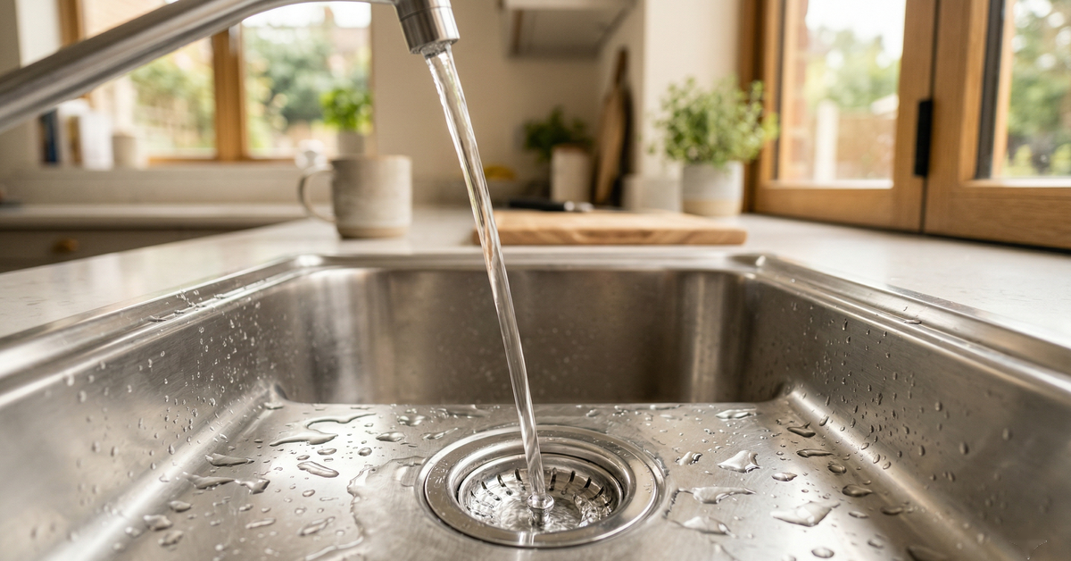 Clean stainless steel kitchen sink with water flowing smoothly down the drain