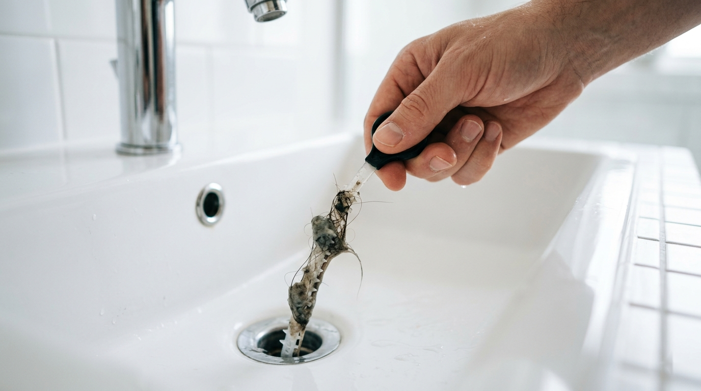 Hand pulling a plastic drain cleaning tool out of a bathroom sink covered in hair and soap scum buildup