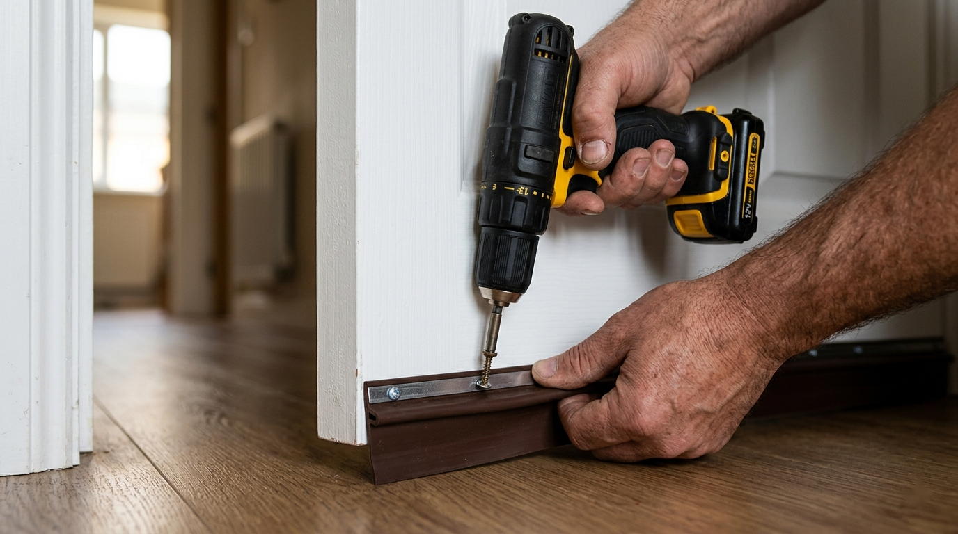 Hands using a cordless drill to install a brown rubber door sweep along the bottom of a white interior door