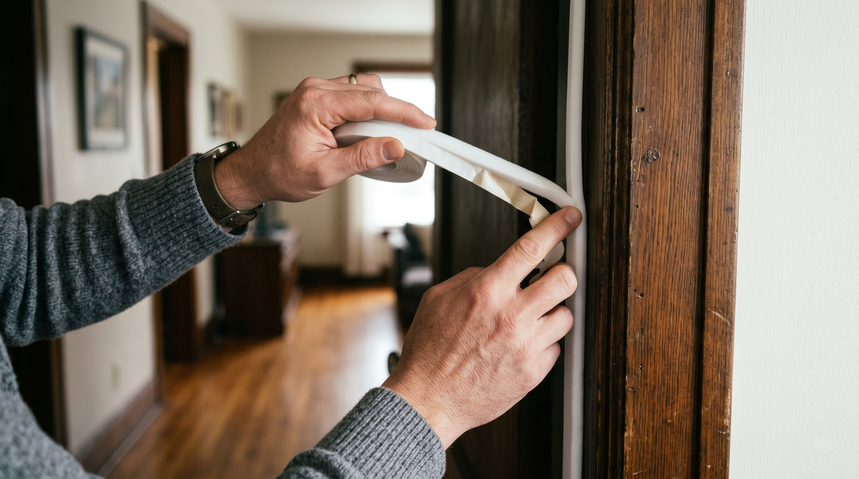 A homeowner pressing white adhesive foam weatherstripping along the edge of an interior wooden door frame